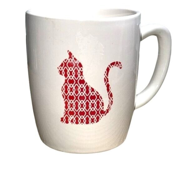 Cat Lovers White Stoneware Coffee Mug With Red Pattern Cat & Meow Design 3.5" Ta - Picture 1 of 6
